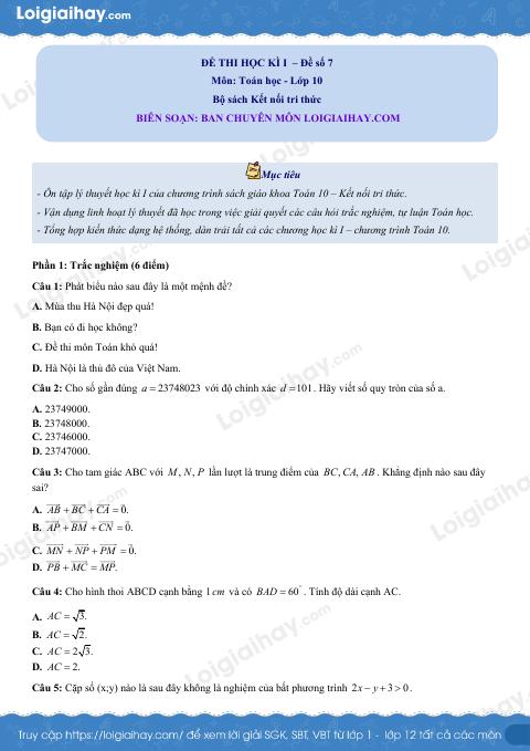 Đề thi học kì 1 Toán 10 Kết nối tri thức - Đề số 7